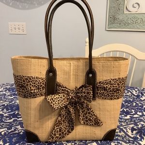 New woven raffia handbag with leopard print sash